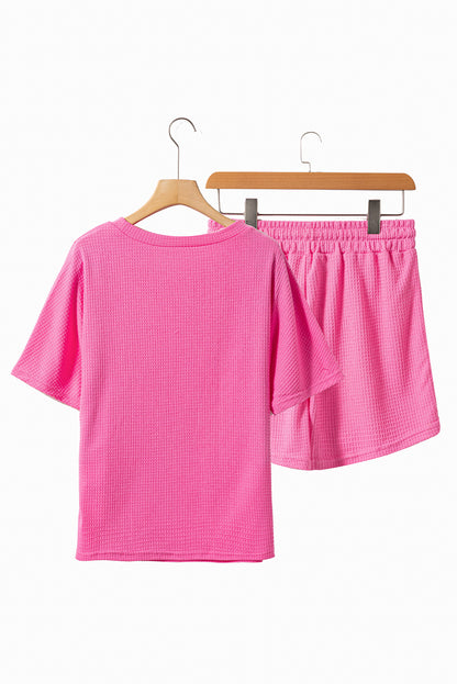 Casual Textured Tee And Drawstring Shorts Set | Rose Red