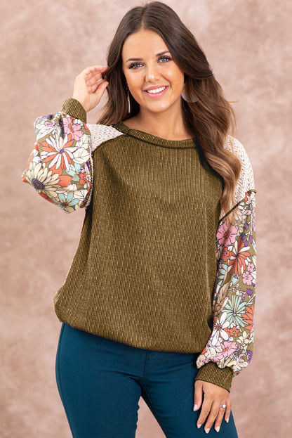 Floral Patchwork Puff Sleeve Textured Blouse | Brown