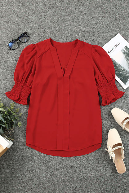 Fiery  Solid Colour Half Sleeve V Neck Blouse | Red