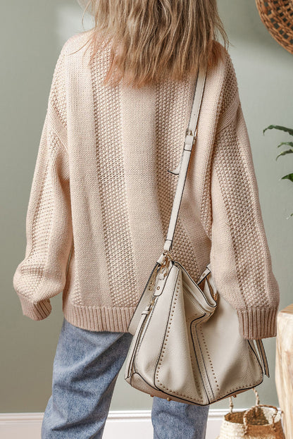 Solid Colour Cable Knit Ribbed Loose Sweater | Pale Khaki