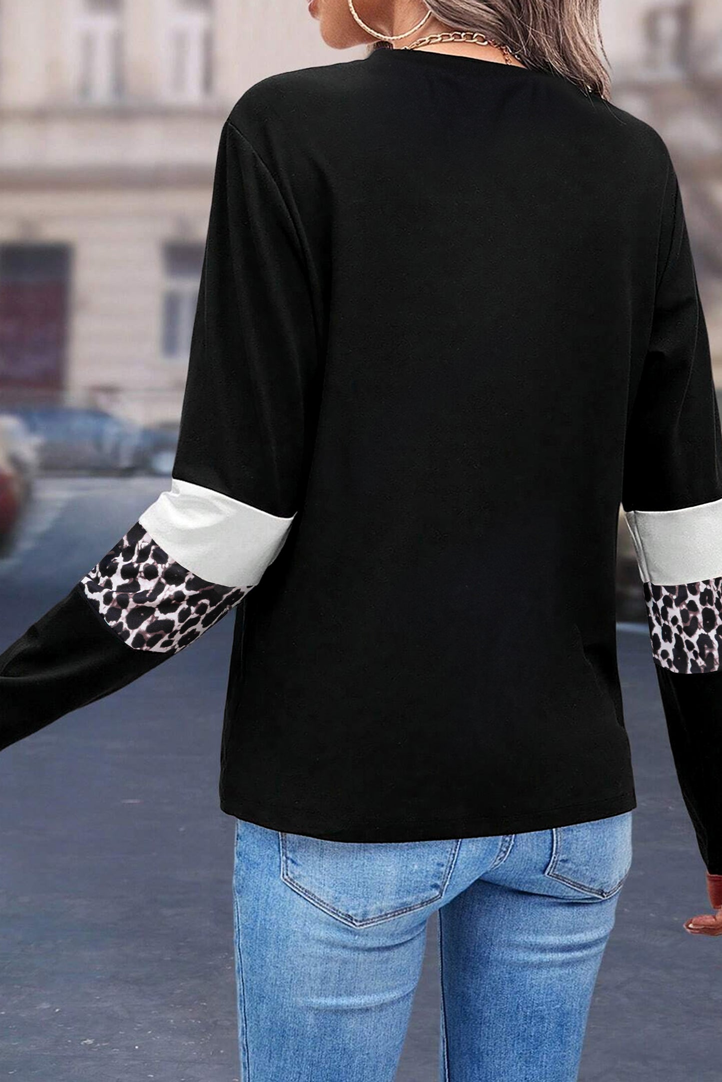 Leopard Colourblock Patchwork Crew Neck Long Sleeve Tee | White