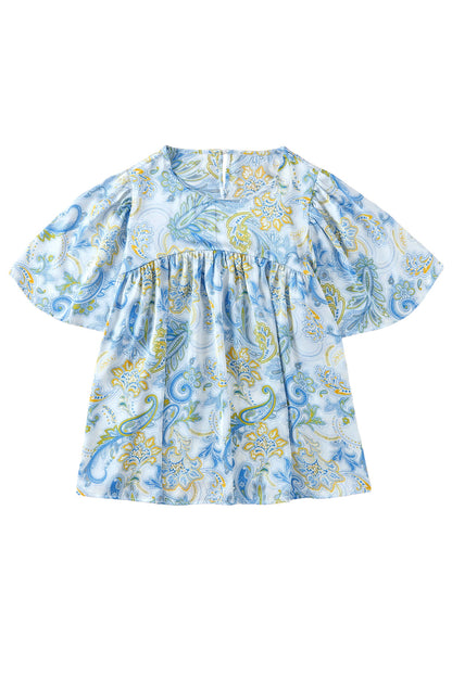 Paisley Print Wide Sleeves Loose Blouse | Sky Blue