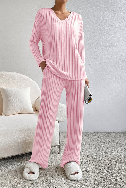 Ribbed Knit V Neck Slouchy Two-Piece Outfit | Light Pink