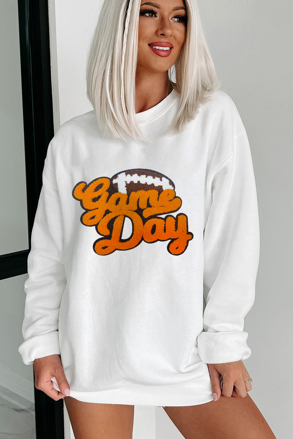 Chenille Game Day Rugby Football Pattern Pullover Sweatshirt | White