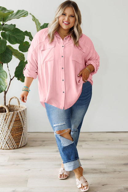 Flap Pocket Tab Sleeve Button-Down Plus Size Shirt | Pink