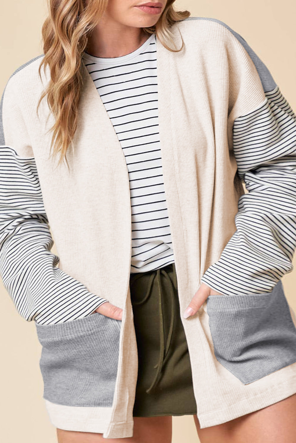 Colourblock Patchwork Open Front Cardigan With Pocket | Black Stripe