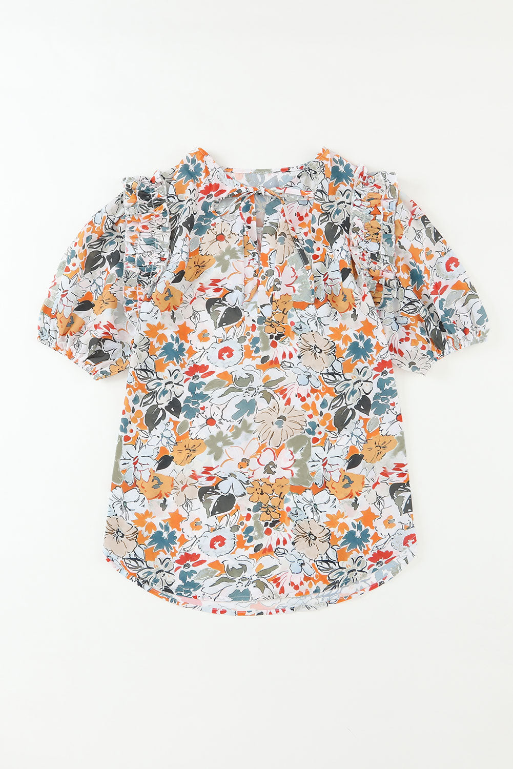 Split V Neck Puff Sleeve Flower Print Blouse | Multicolour