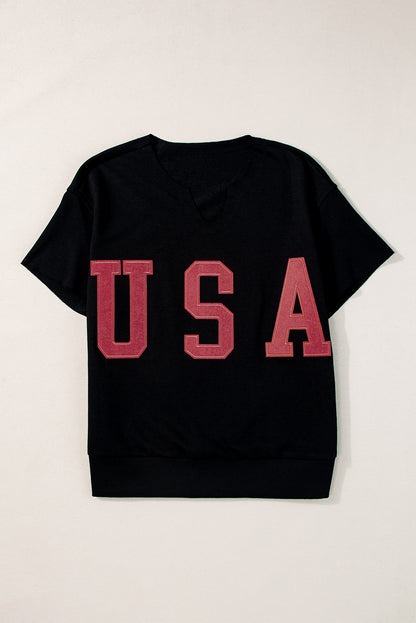 Usa Lettering Patch Notched Neck Loose Tee | Black