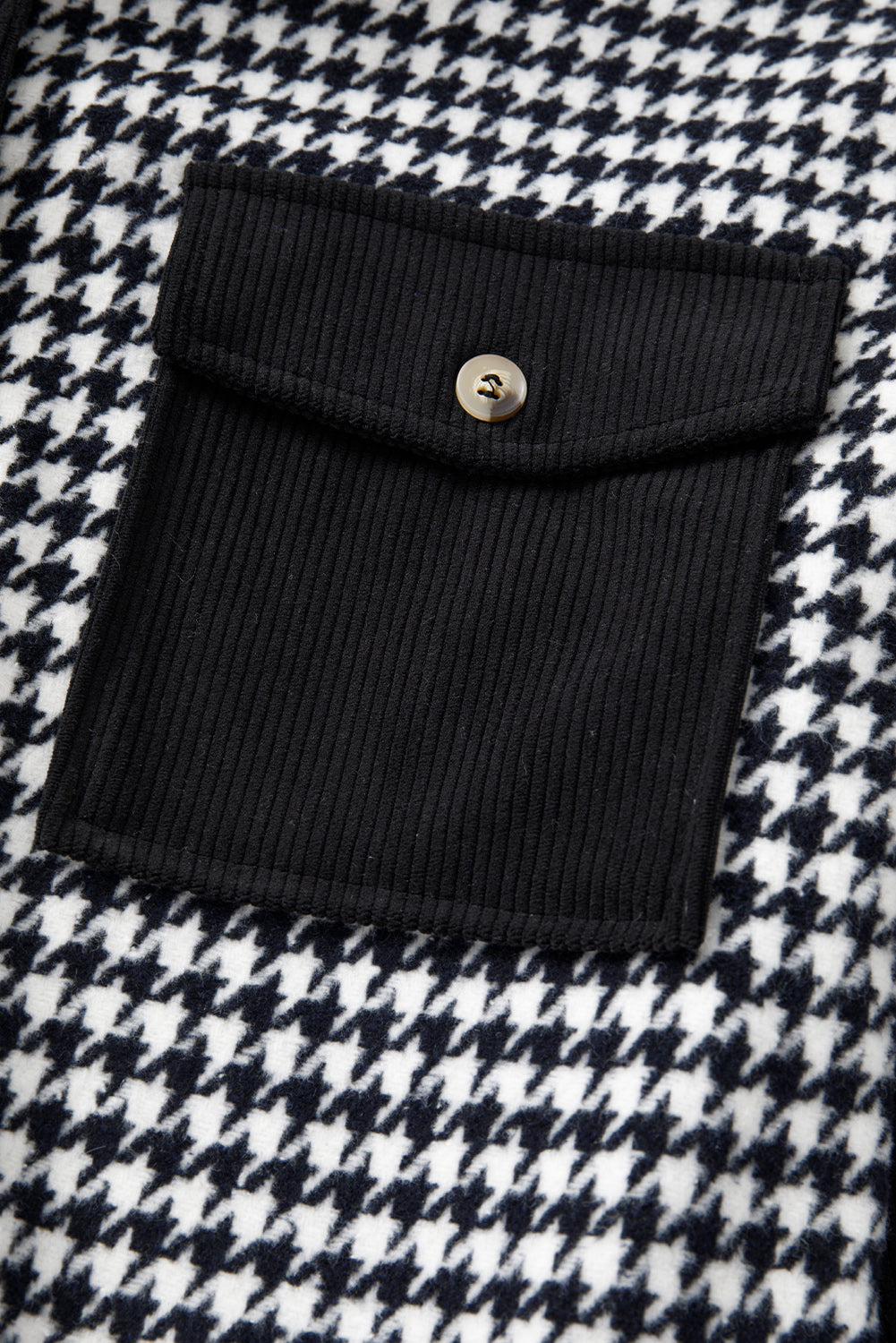 Houndstooth Corduroy Patchwork Flap Pocket Shacket | Black