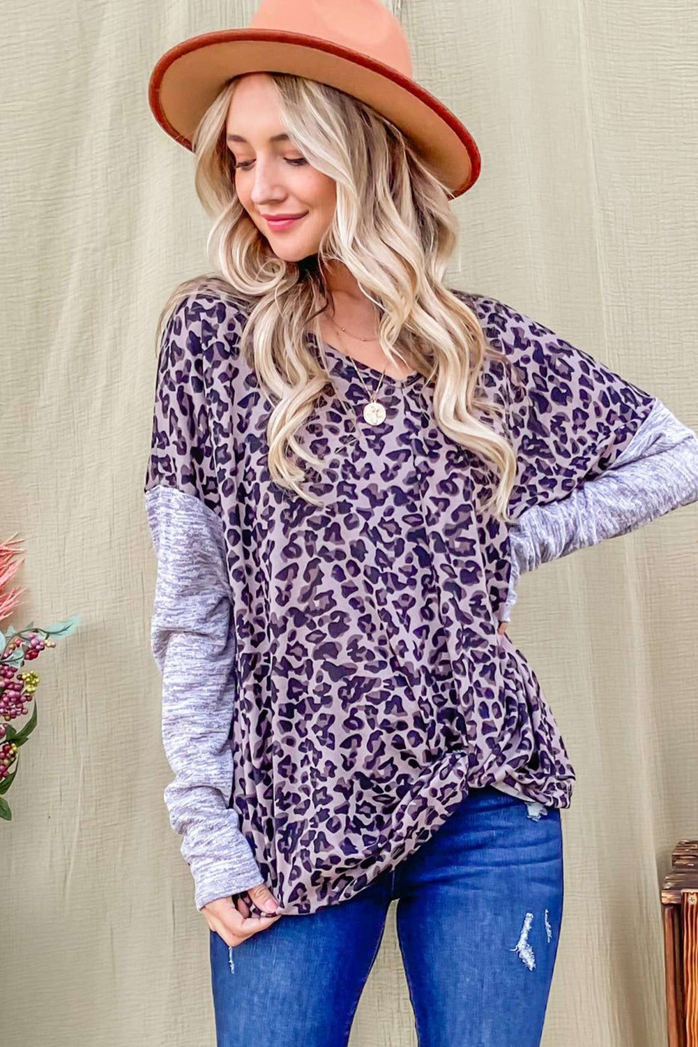 Print Drop Shoulder Patchwork Sleeve Top | Leopard