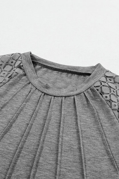 Contrast Lace Raglan Sleeve Plicated Knit Top | Gray