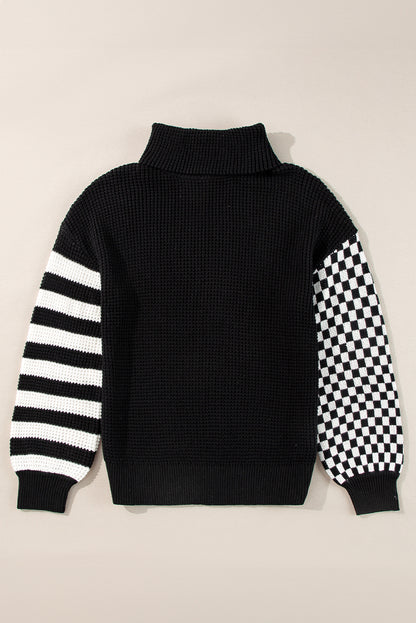 Striped Plaid Patchwork Waffle Knit Turtleneck Sweater | Black