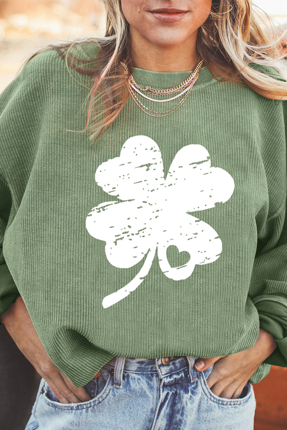 Grass Green Distressed Clover Print St Patricks Corded Sweatshirt