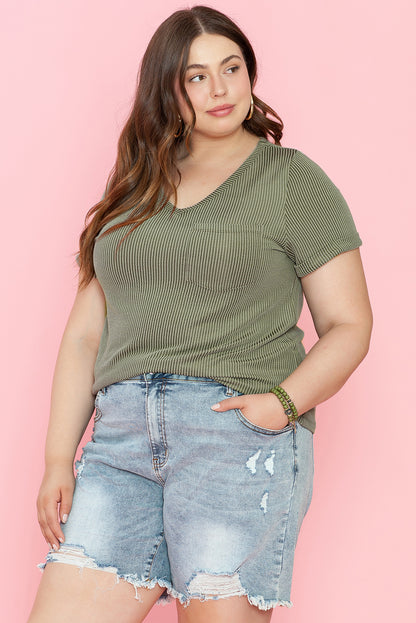 Plus Size Corded V Neck Patch Pocket Tee | Meadow Mist Green