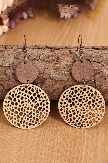 Hollow Out Wooden Round Drop Earrings | Khaki