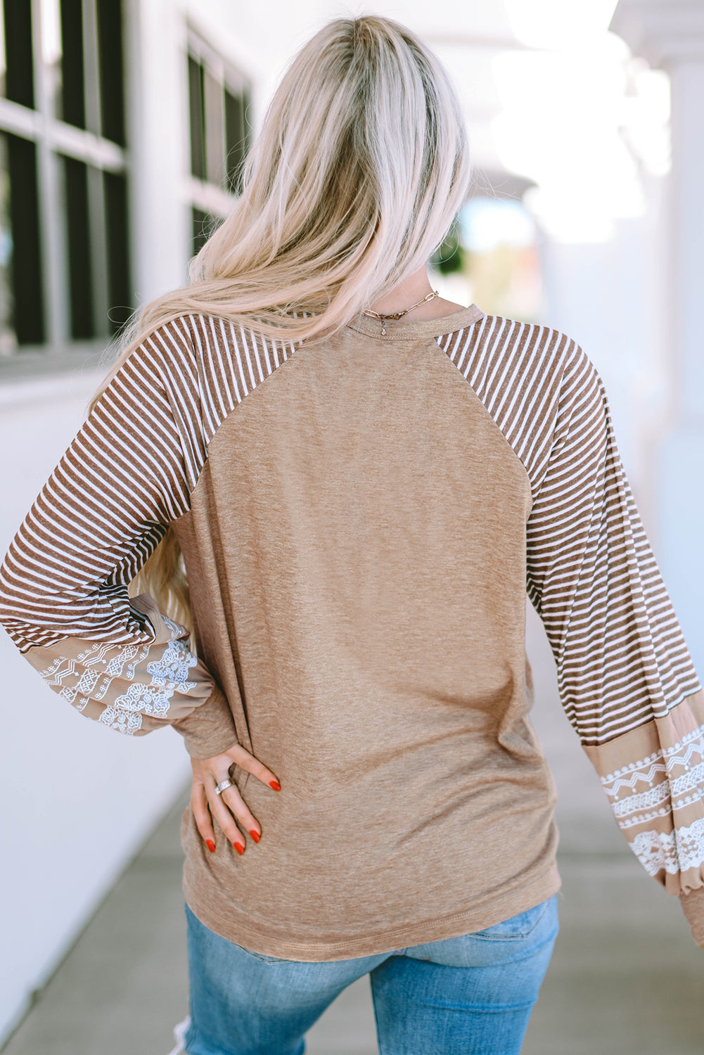 Floral Striped Patchwork Loose Long Sleeve Top | Light French Beige