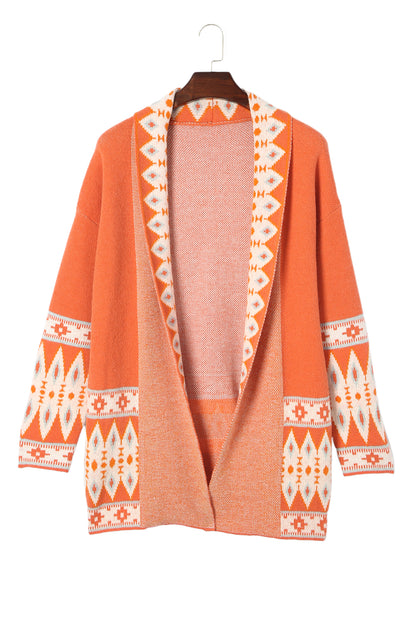 Aztec Print Open Front Knitted Cardigan | Orange Printed