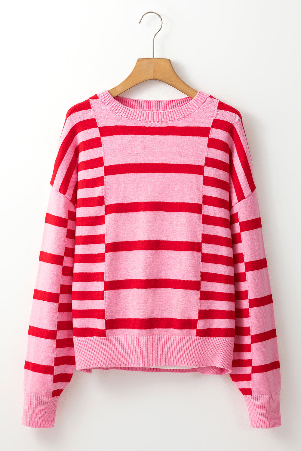 Bubble Sleeve Drop Shoulder Ribbed Trim Sweater | Pink Stripe