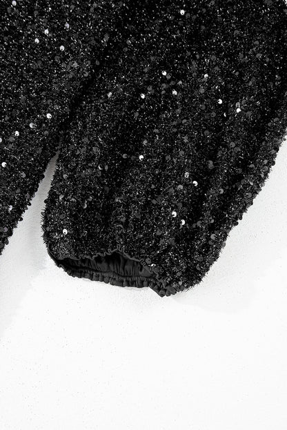 Colour Black Plus Size Bubble Sleeve V Neck Sequin Dress | Colour black