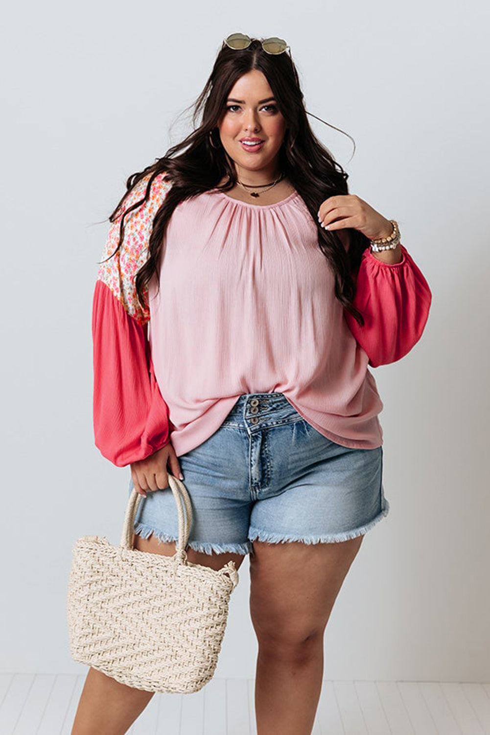 Contrast Floral Patchwork Long Sleeve Plus Size Blouse | Pink