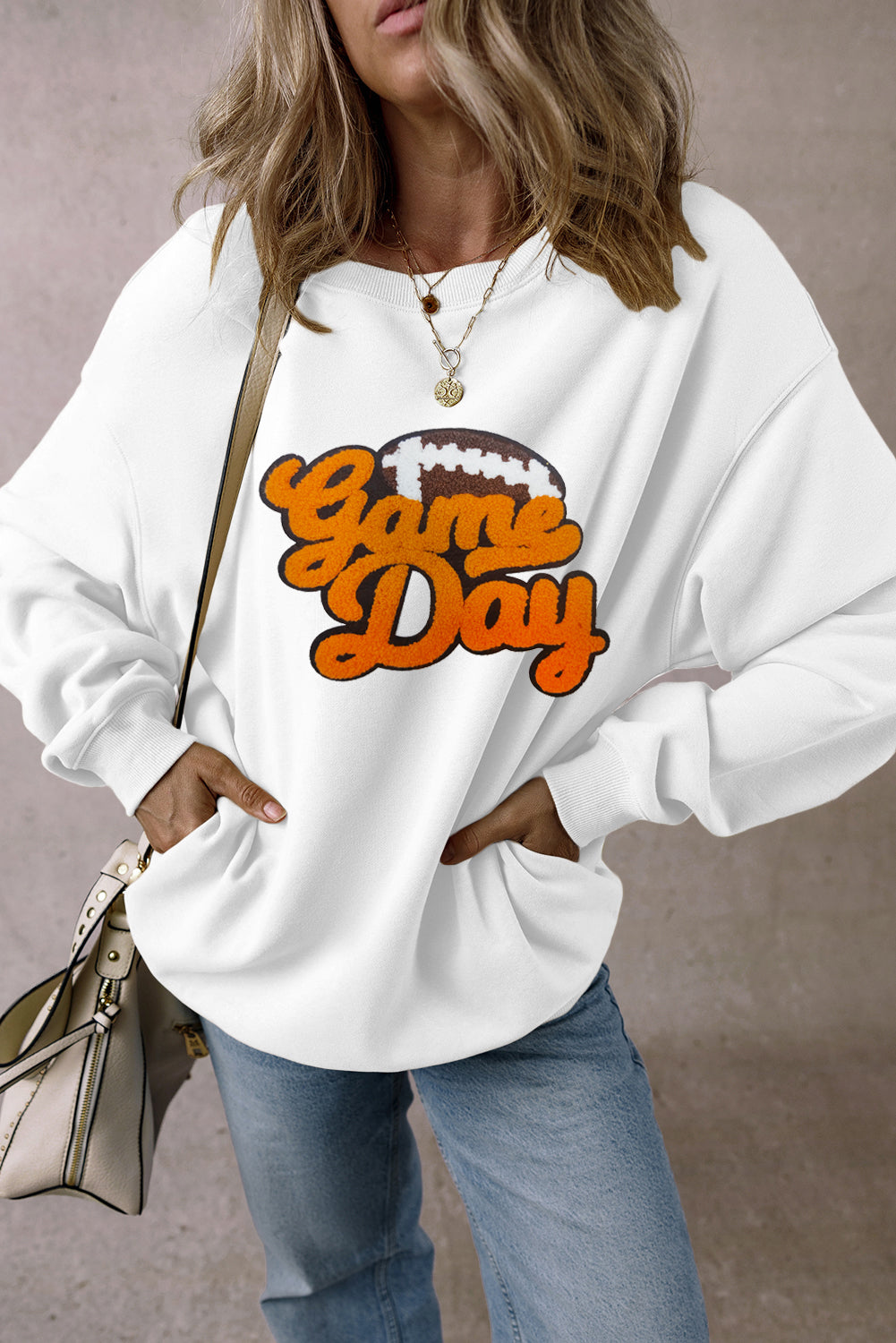 Chenille Game Day Rugby Football Pattern Pullover Sweatshirt | White