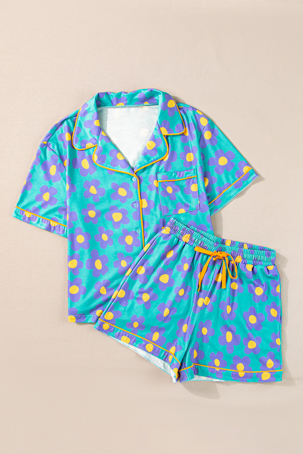 Flower Print Short Sleeve Shirt Pajamas Set | Green