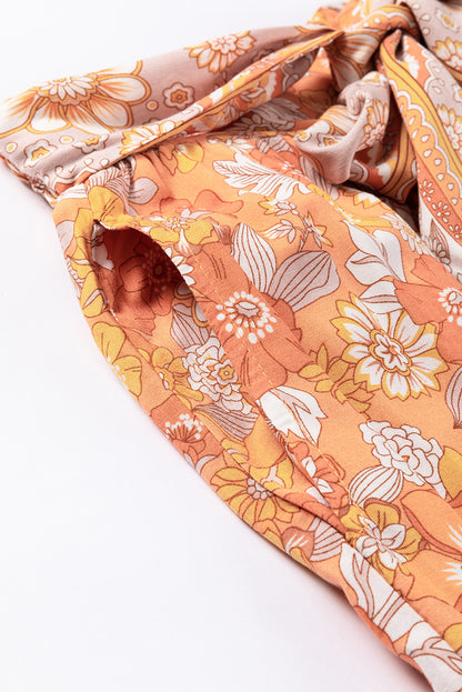 Tie Waist Boho Floral Wide Leg Pants | Grapefruit Orange