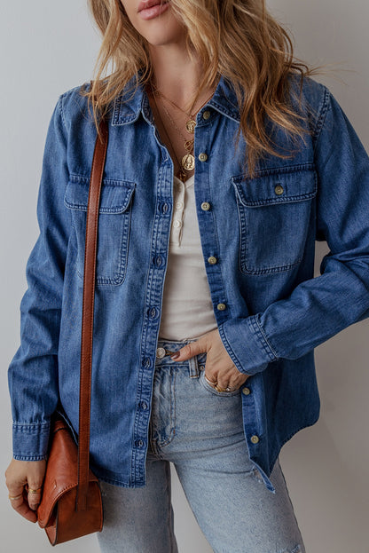 Flap Pocket Button Up Denim Shacket | Sky Blue