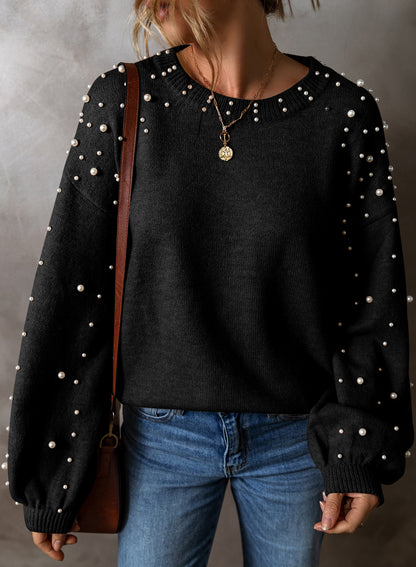 Pearled Drop Shoulder Round Neck Sweater | Black