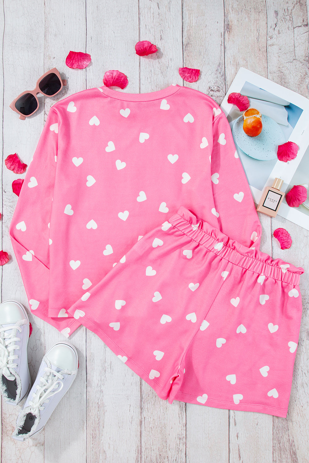 Valentine Heart Print Long Sleeve Tee And Shorts Lounge Set | Pink