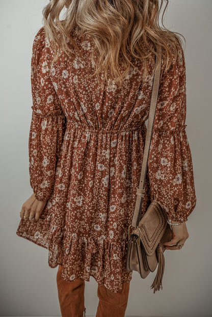 Boho Floral Ruffled Puff Sleeve V Neck Mini Dress | Brown