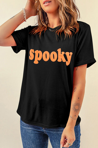 Halloween Spooky Crew Neck Casual Graphic Tee | Black