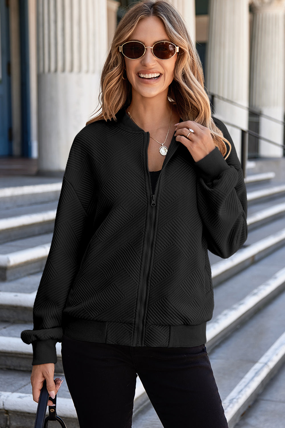 Solid Textured Stand Neck Zipper Bomber Jacket | Black