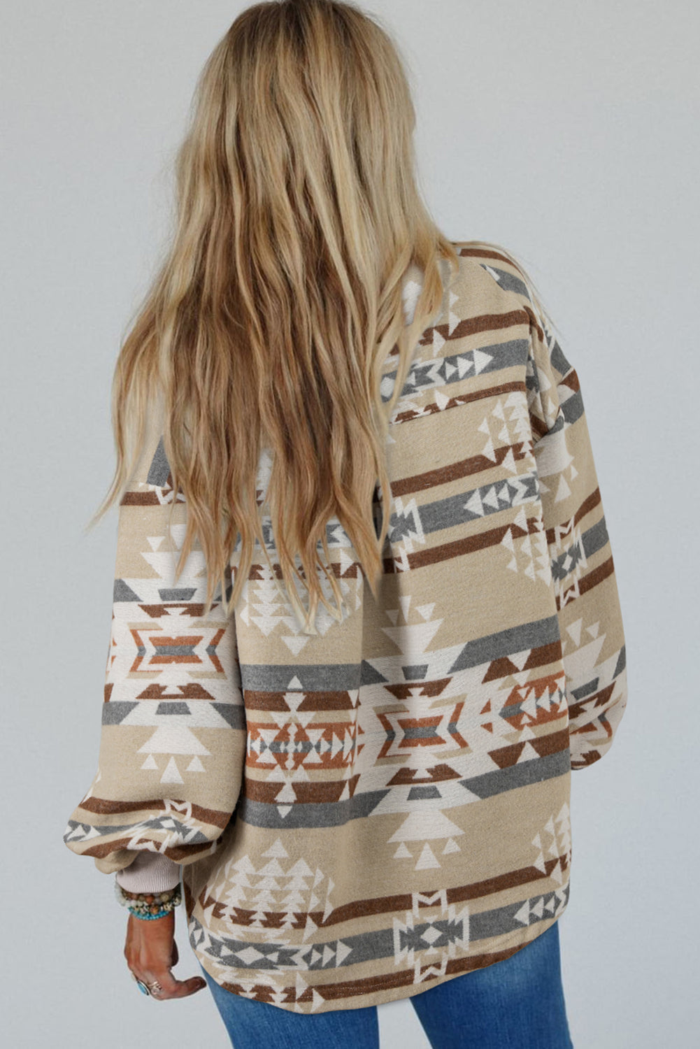 Aztec Print Collared Flap Pocket Sweatshirt | Apricot