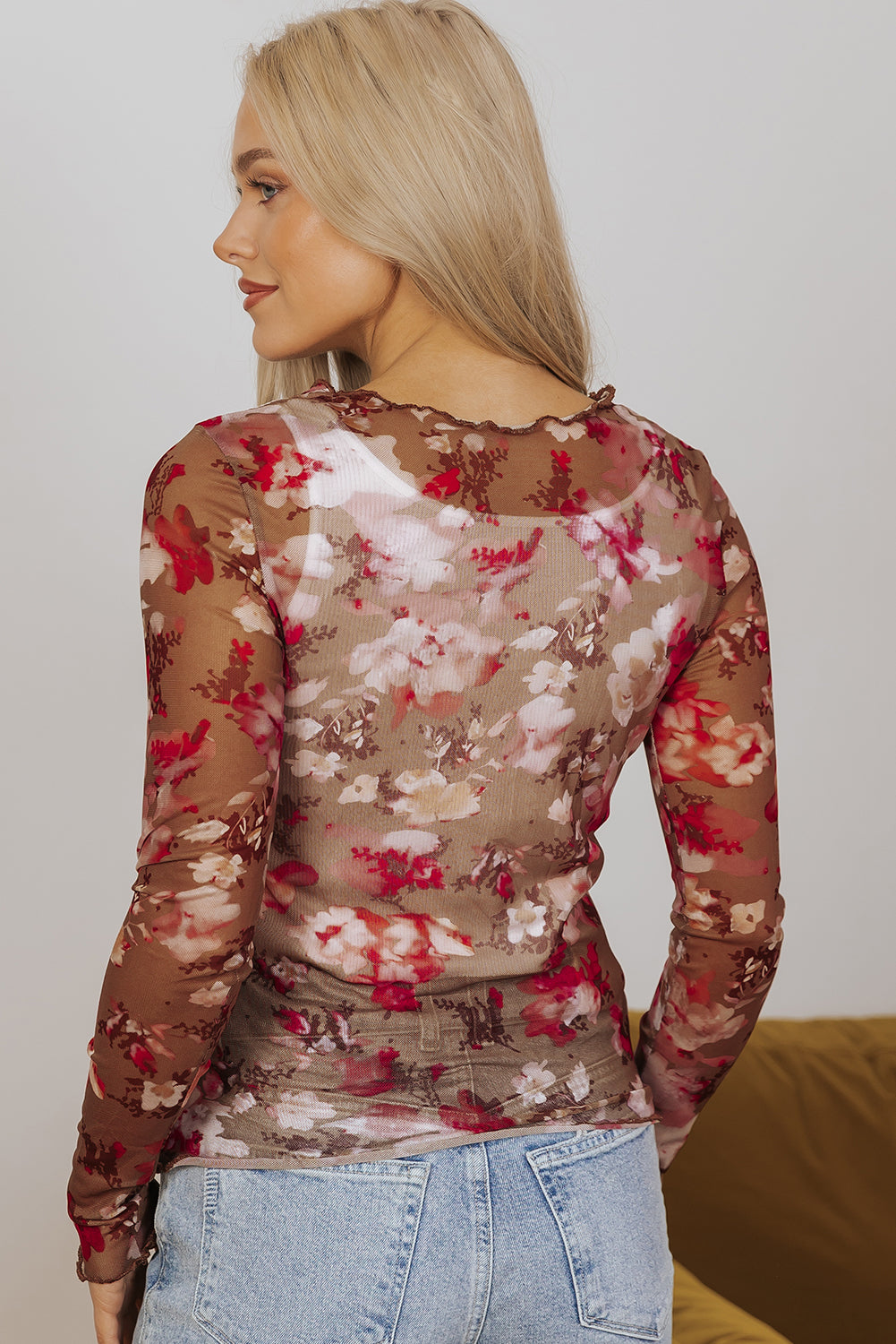 Floral Print Sheer Mesh Long Sleeve Top | Red