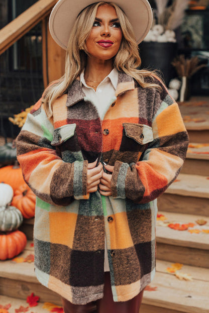 Plaid Print Flap Pocket Long Jacket | Orange