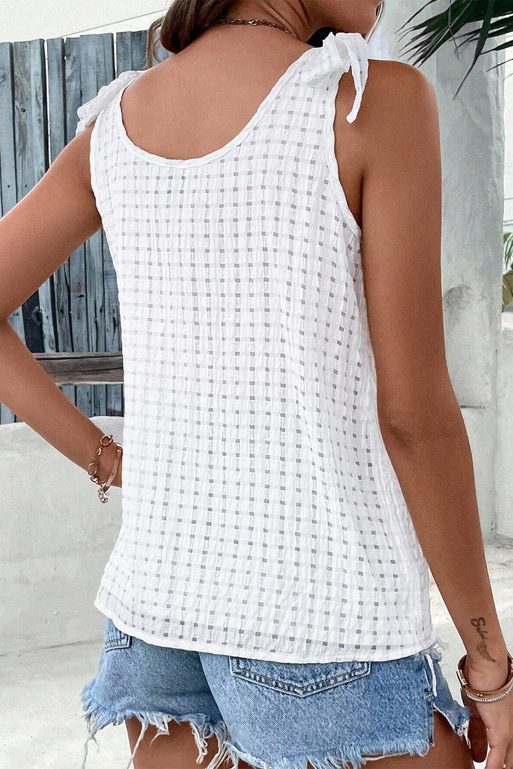 Lattice Texture Bowknot Shoulder V Neck Tank Top | White