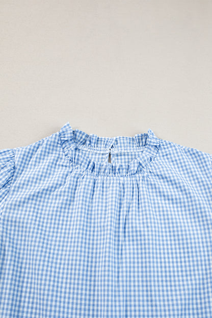 Gingham Floral Embroidered Puff Sleeve Blouse | Light Blue