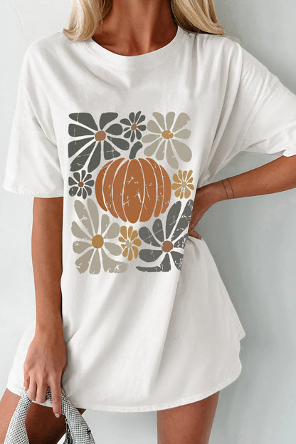 Thanksgiving Pumpkin Print Loose Crewneck Tunic T Shirt | White