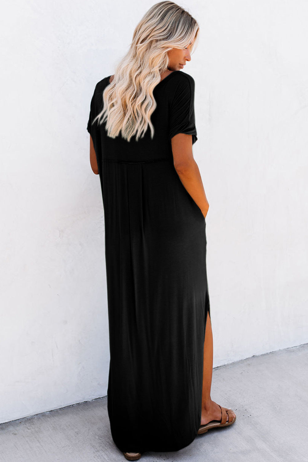 V Neck Hidden Pocket Splits Maxi T-Shirt Dress | Black