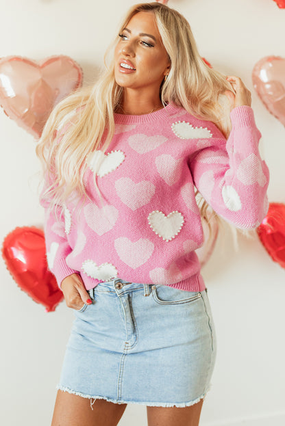 Pearled Heart Print Valentines Crew Neck Sweater | Pink