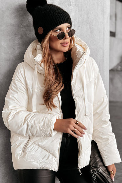 Solid Quilted Hooded Zip Up Puffer Coat | White