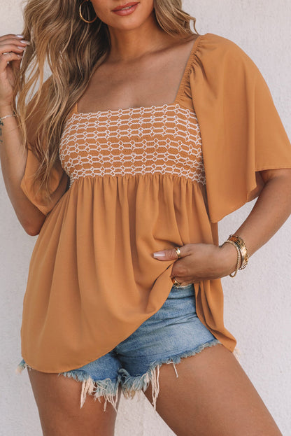 Square Neck Wide Sleeves Flowy Top | Brown