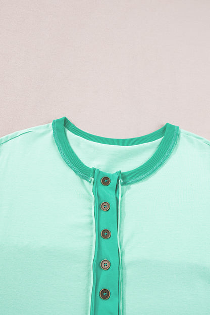 Contrast Colour Patchwork Half Button T Shirt | Bright Green