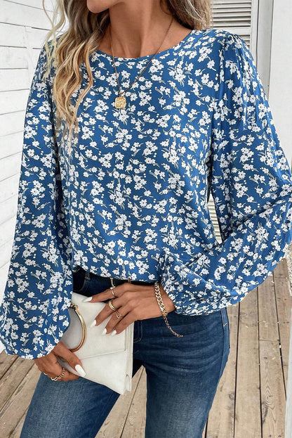 Ditsy Floral Print Lantern Sleeve Blouse | Blue