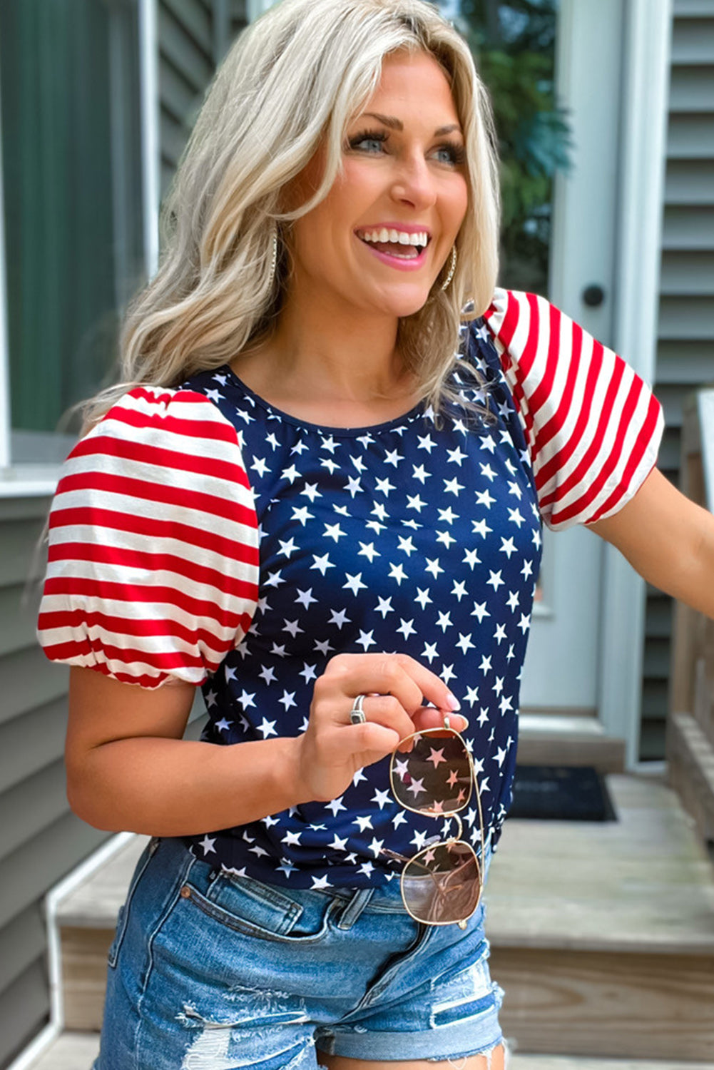 4th of July Stars Stripes Puff Sleeve T Shirt | Navy Blue