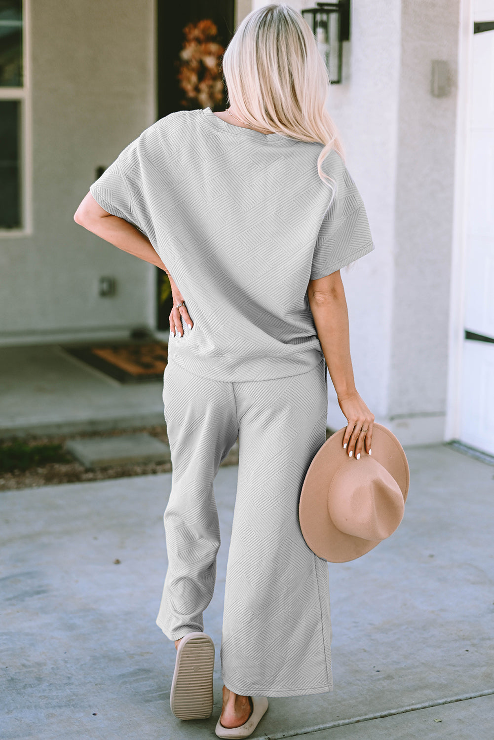 Textured Loose Fit T Shirt And Drawstring Pants Set | Gray