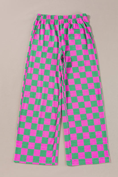 2-Tone Checked Print High Waist Wide Leg Pants | Green