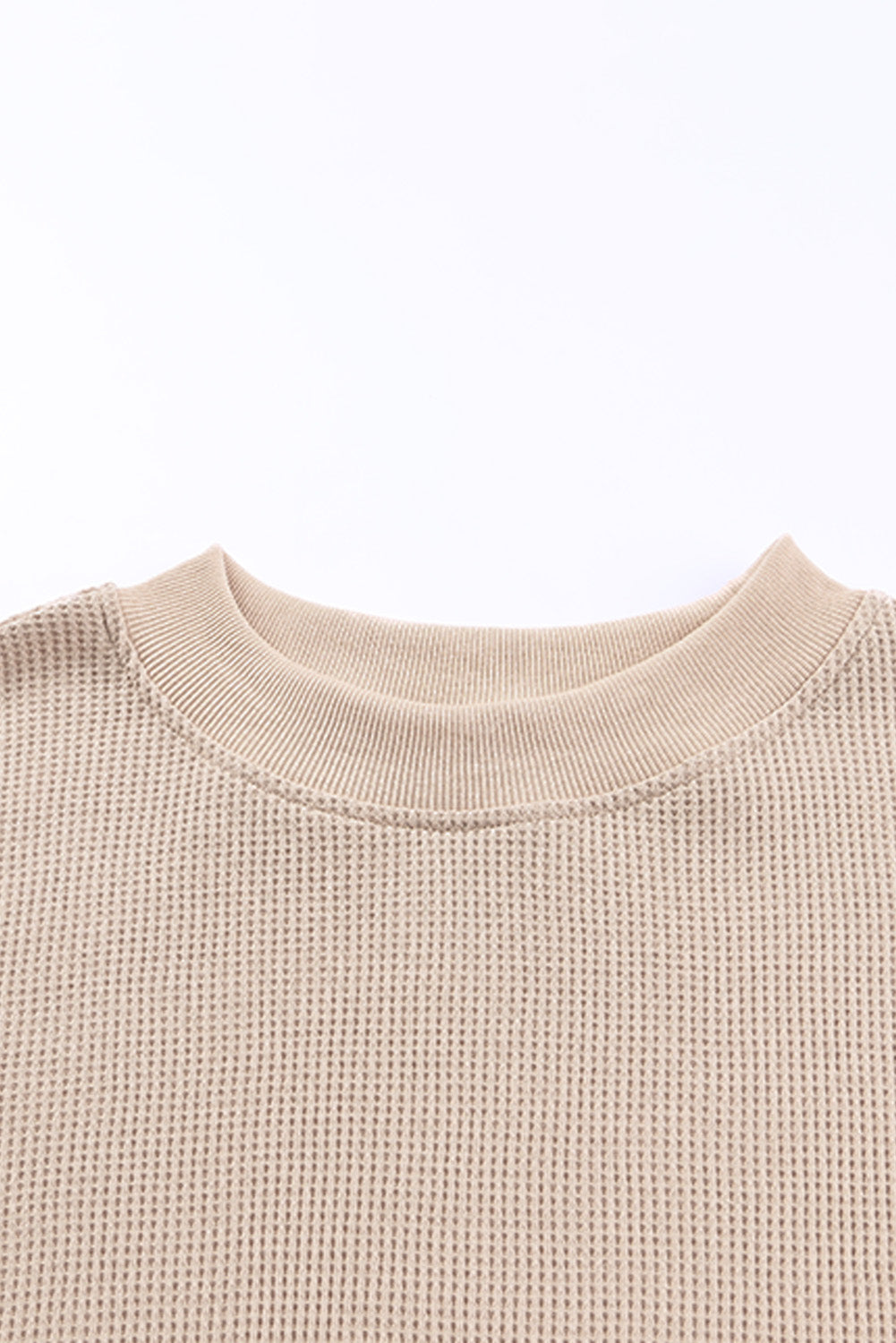 Crew Neck Ribbed Trim Waffle Knit Top | Apricot