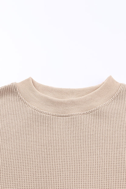 Crew Neck Ribbed Trim Waffle Knit Top | Apricot